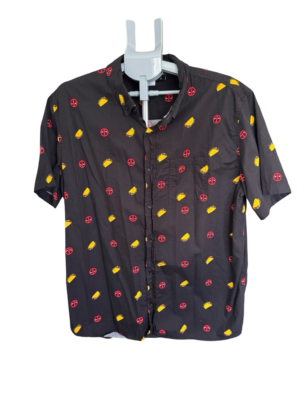 Marvel Deadpool Taco Shirt Men’s XL Black Button Up Comic Graphic Cotton
